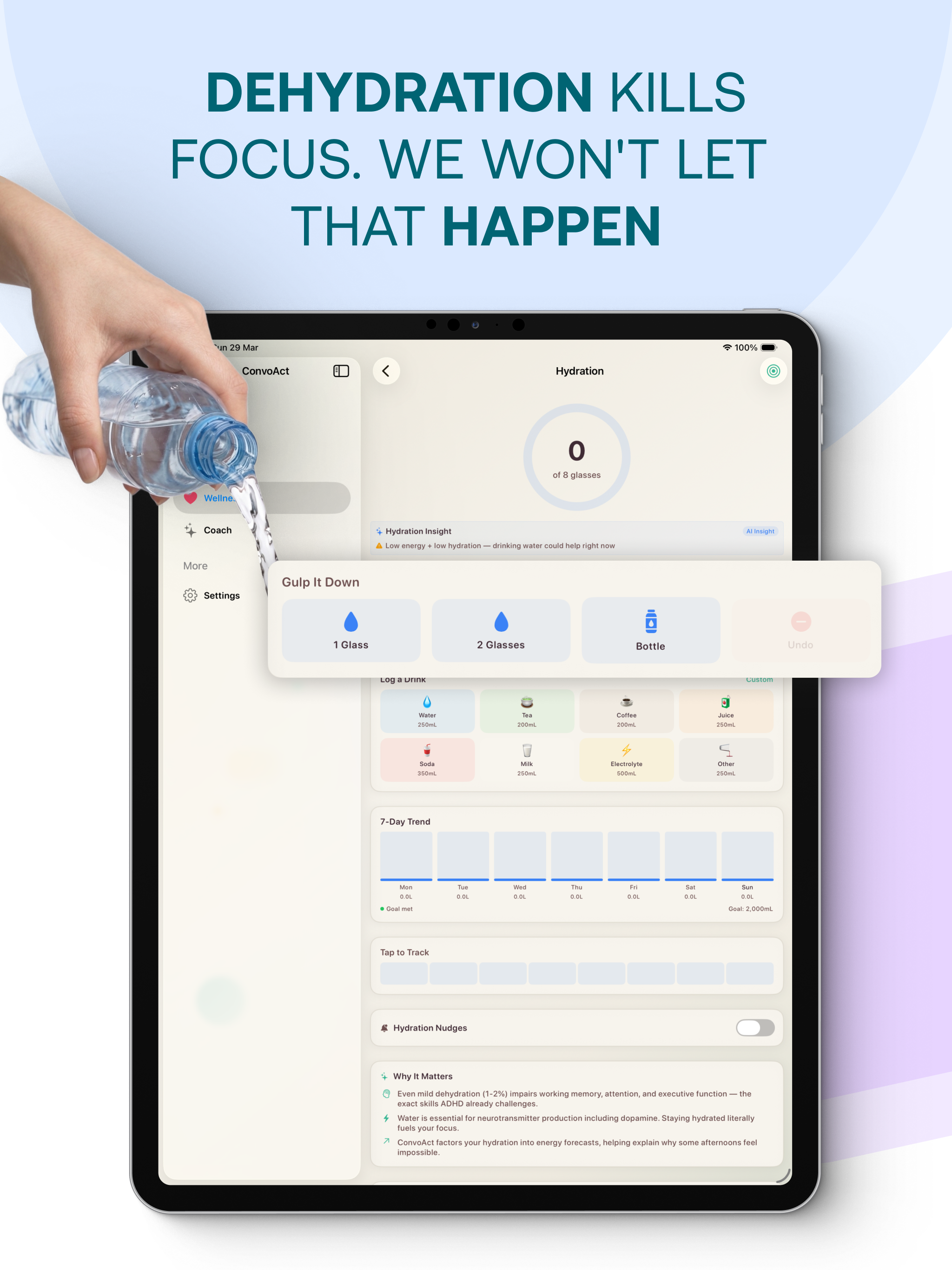 iPad — Dehydration Kills Focus. We Won't Let That Happen — Hydration tracking