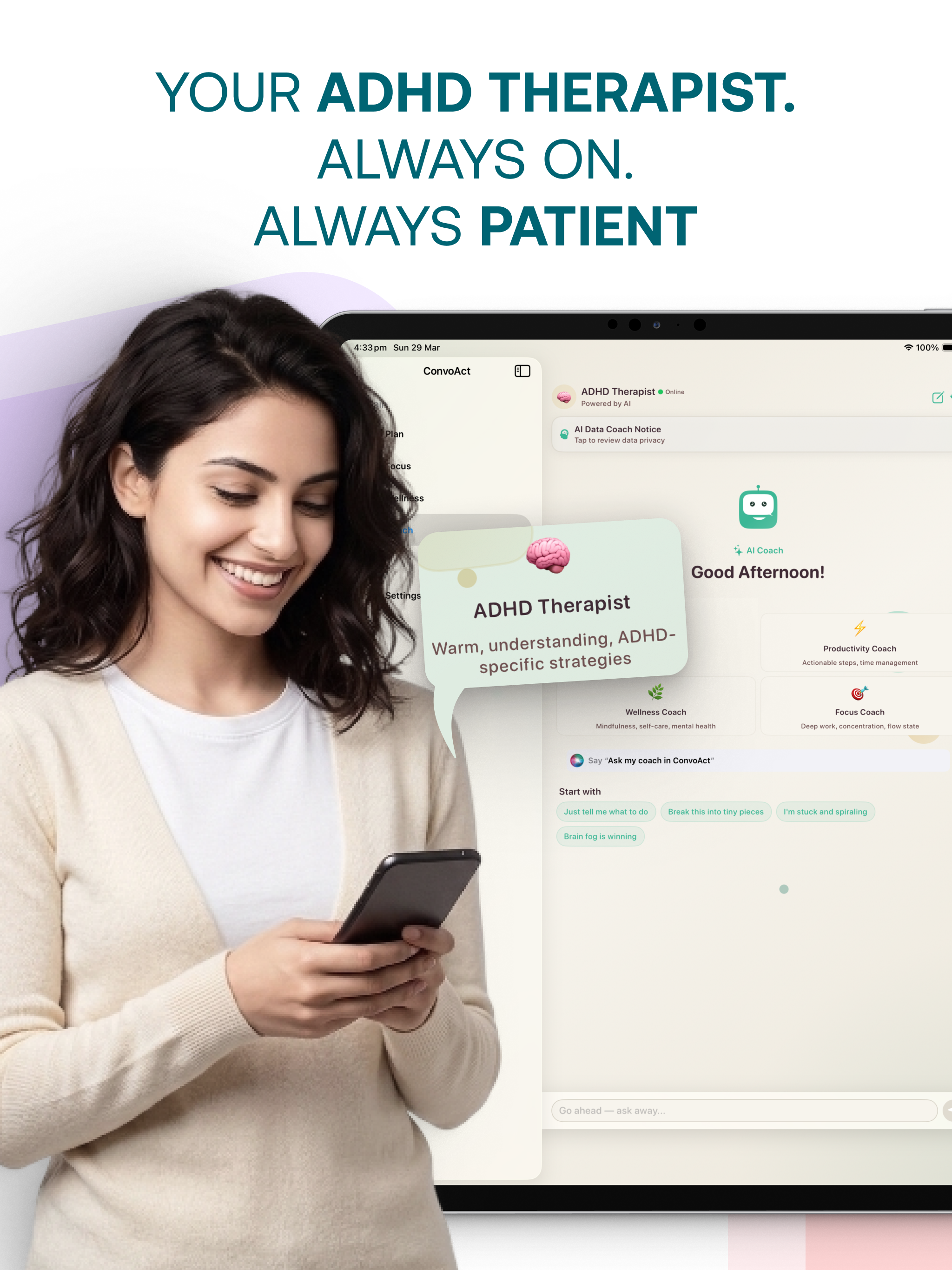 iPad — Your ADHD Therapist. Always On. Always Patient — AI Coach with 4 personalities
