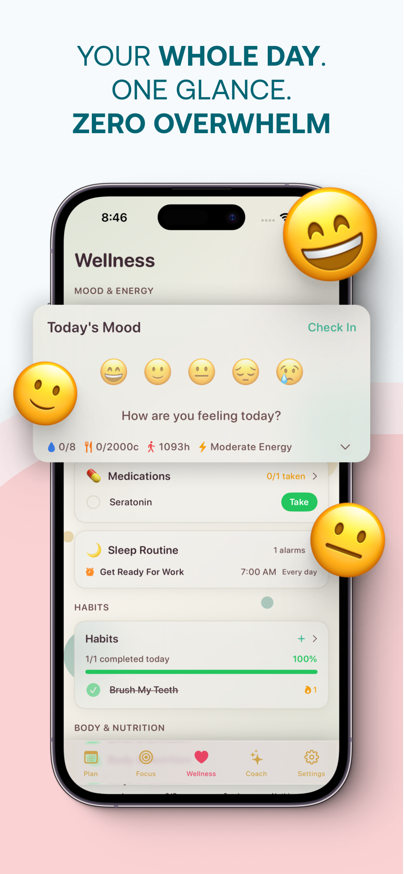 Your Whole Day. One Glance. Zero Overwhelm — Wellness hub with mood check-in