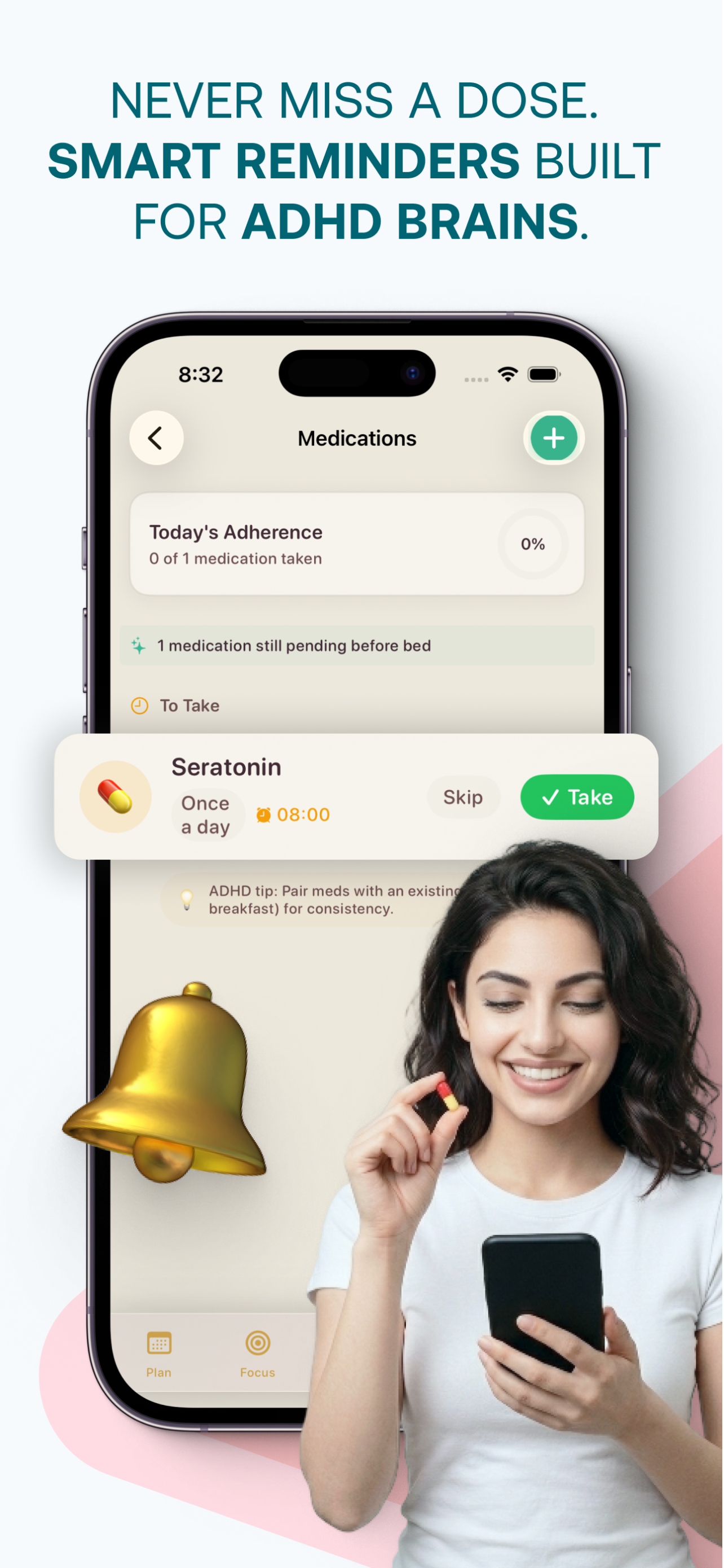 Never Miss a Dose. Smart Reminders Built for ADHD Brains — Medication tracking