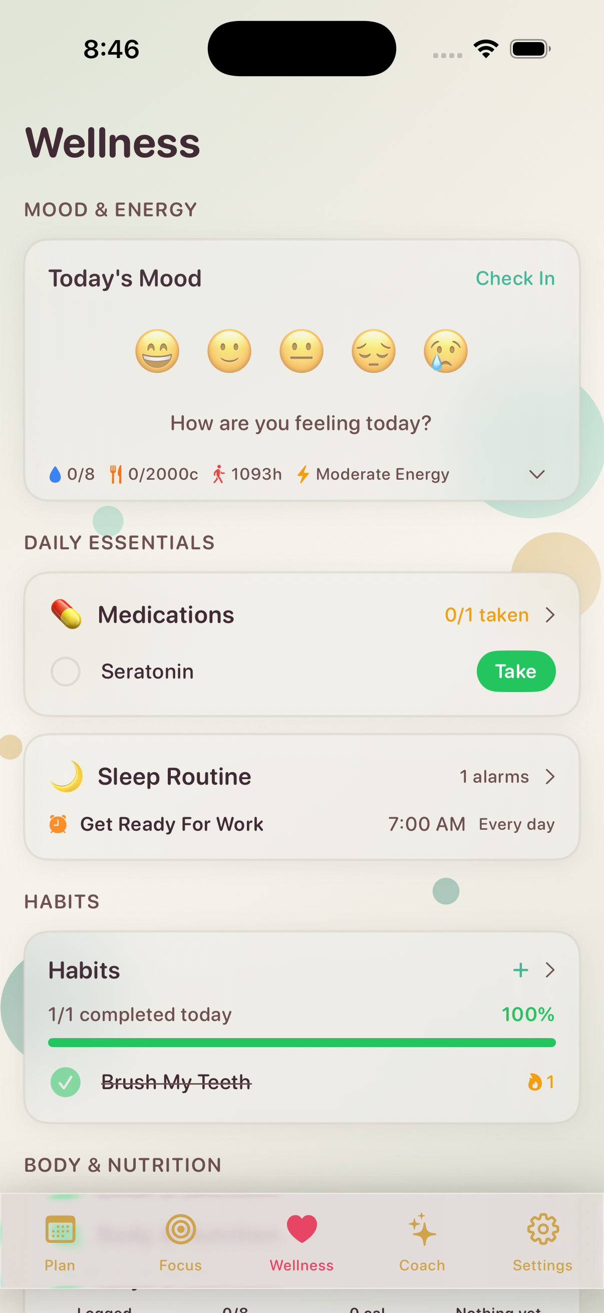 Wellness dashboard with mood check-in, medications, sleep, and habits