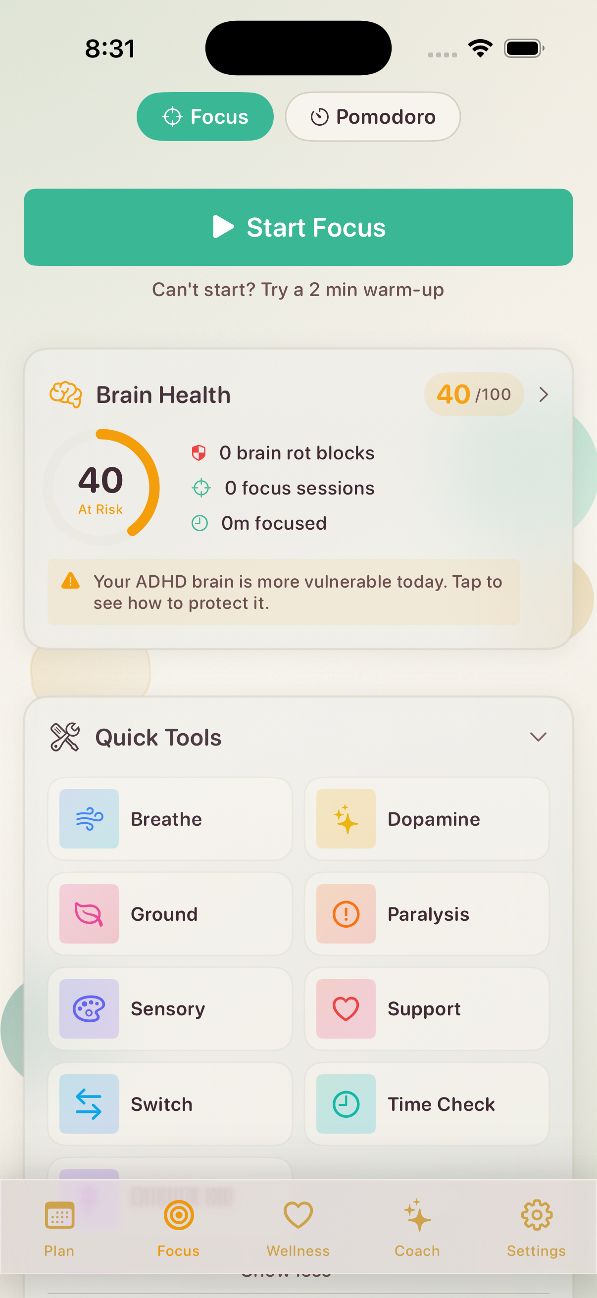 Focus tab with Brain Health Score and Quick Tools