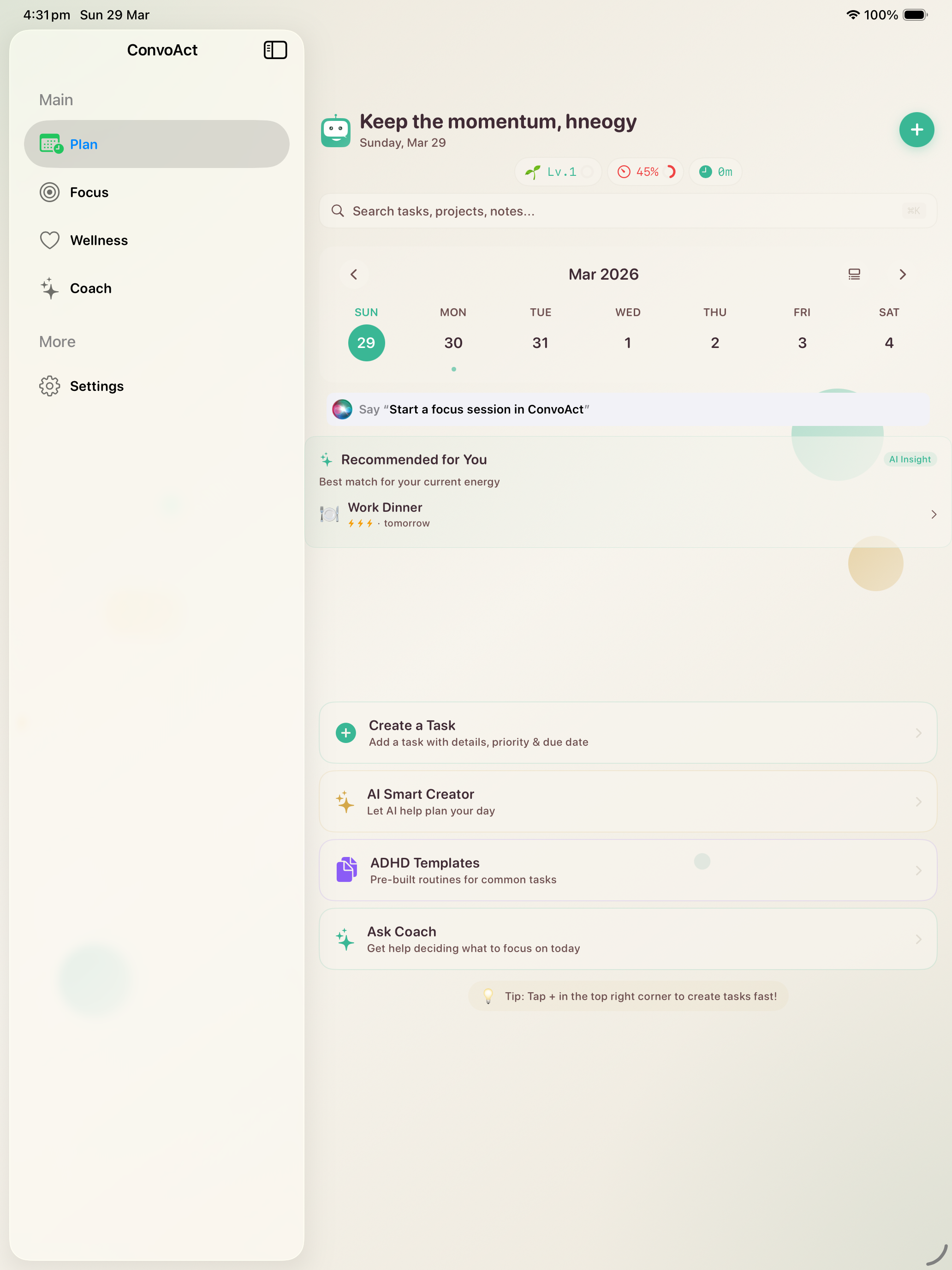 iPad — Plan tab with sidebar navigation, calendar, AI recommendations, and task creation