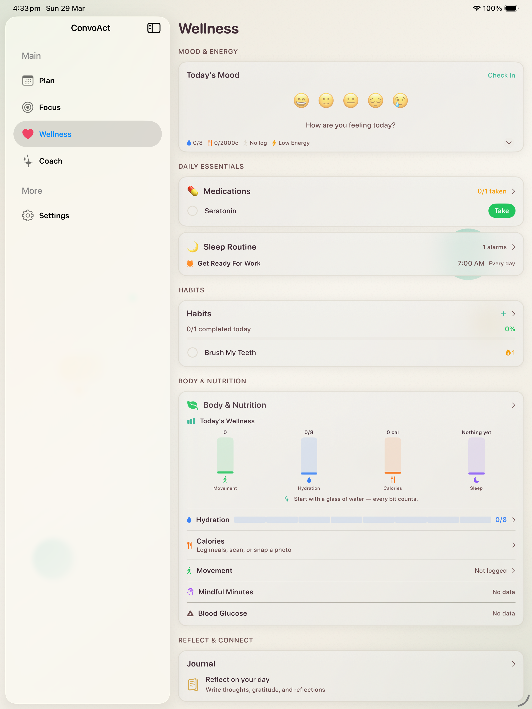 iPad — Wellness hub with mood check-in, medications, sleep routine, habits, body & nutrition, journal