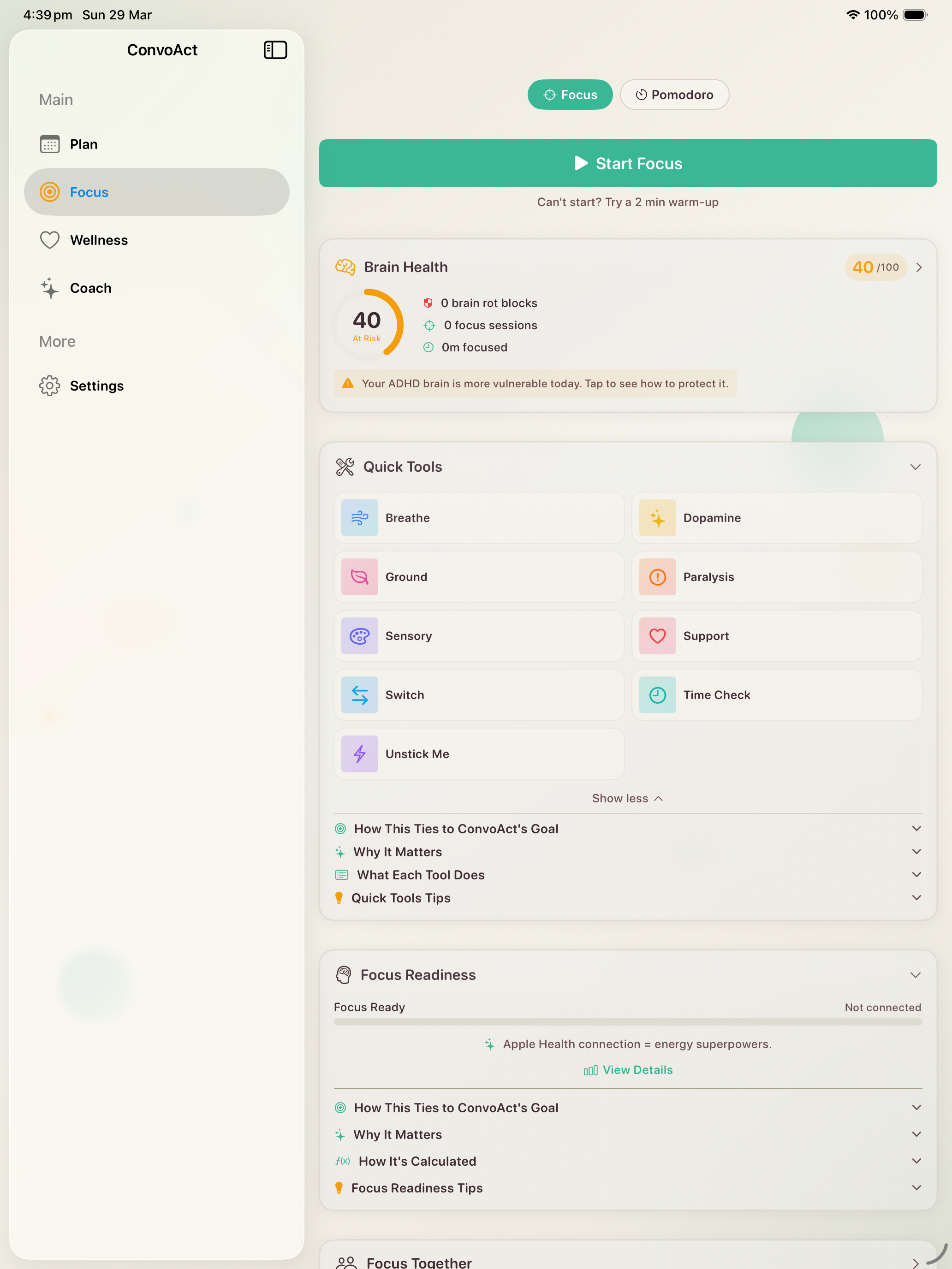 iPad — Focus tab with Brain Health score, Start Focus button, Quick Tools grid, and Focus Readiness