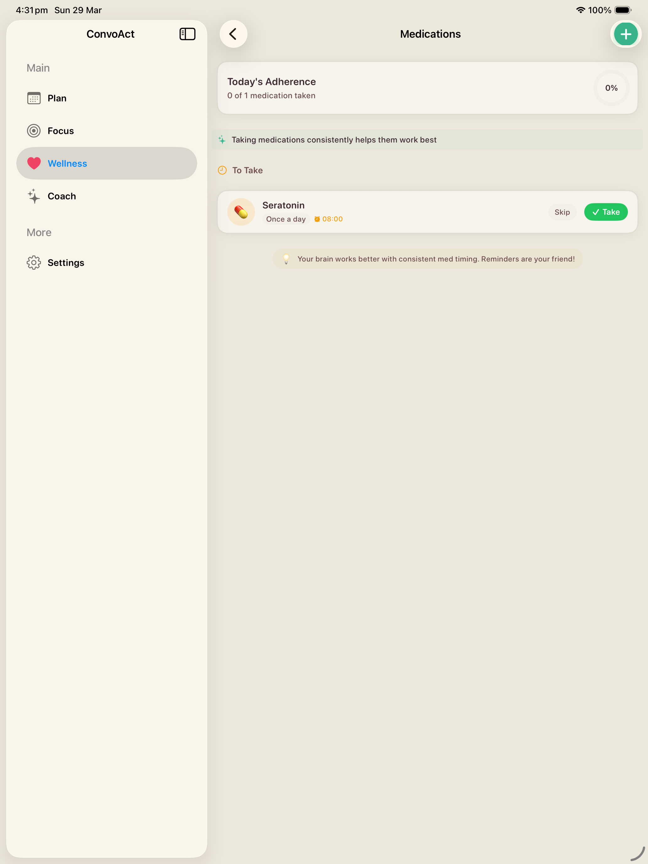 iPad — Medication tracking with today's adherence and Take/Skip buttons
