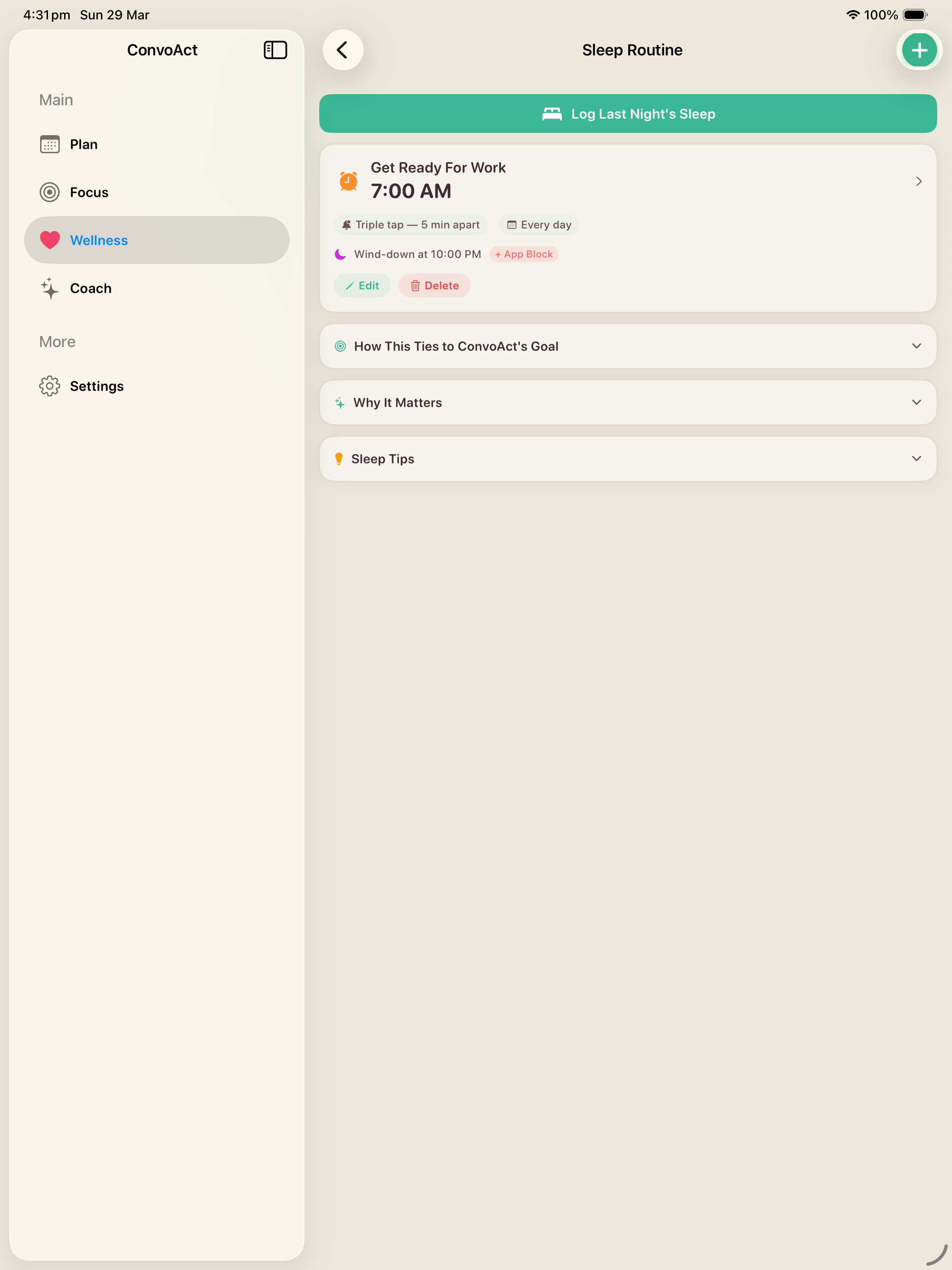 iPad — Sleep Routine with alarm setup, wind-down time, and app blocking