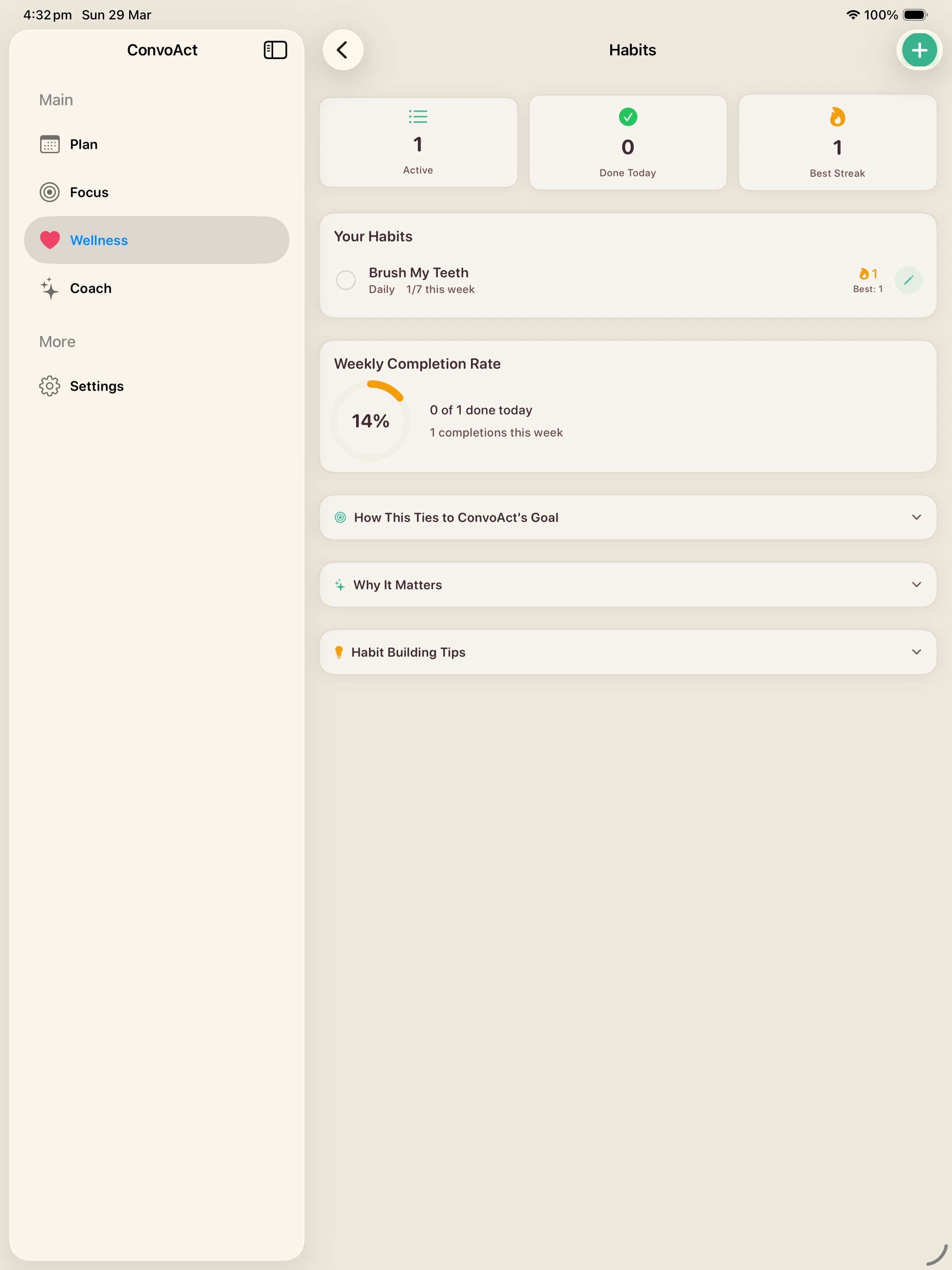iPad — Habits with active habits list, streaks, and weekly completion rate