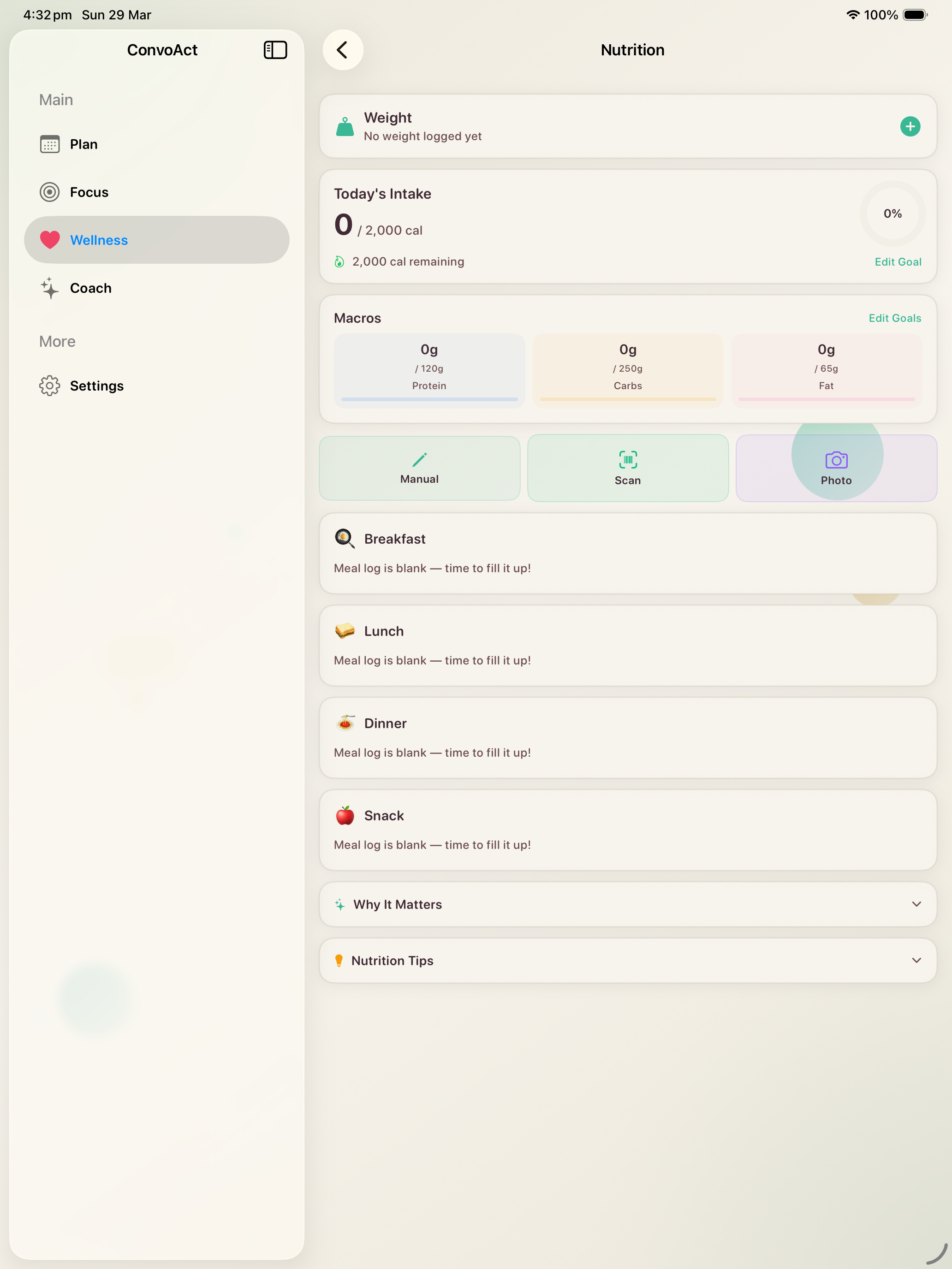 iPad — Nutrition with calorie tracking, macros, and meal logging with photo scan