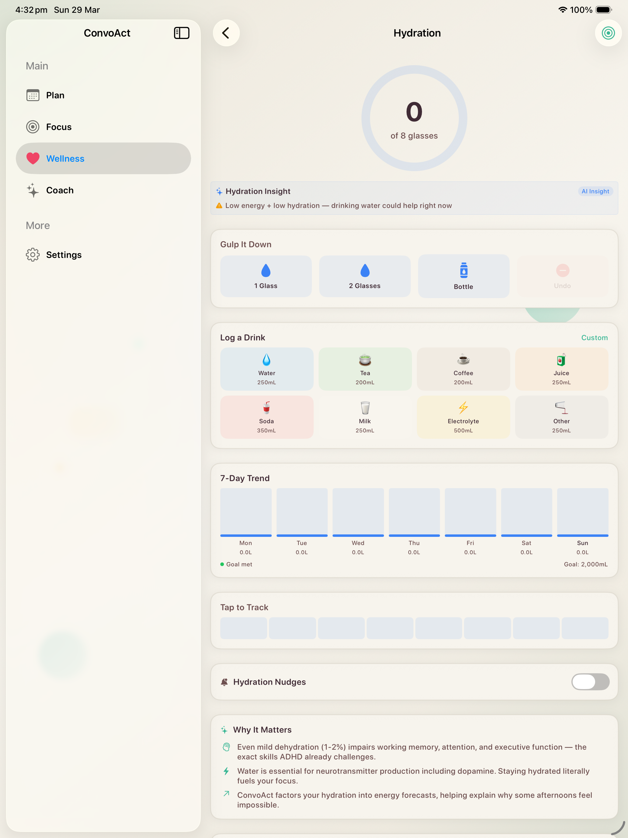 iPad — Hydration with daily water intake goal, drink logging, and 7-day trend