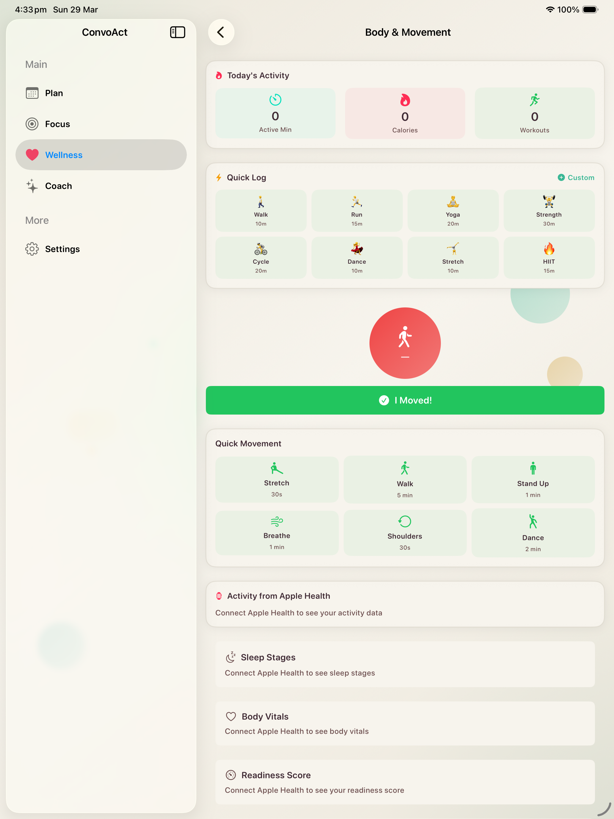 iPad — Body & Movement with activity tracking, quick log exercises, and Apple Health integration