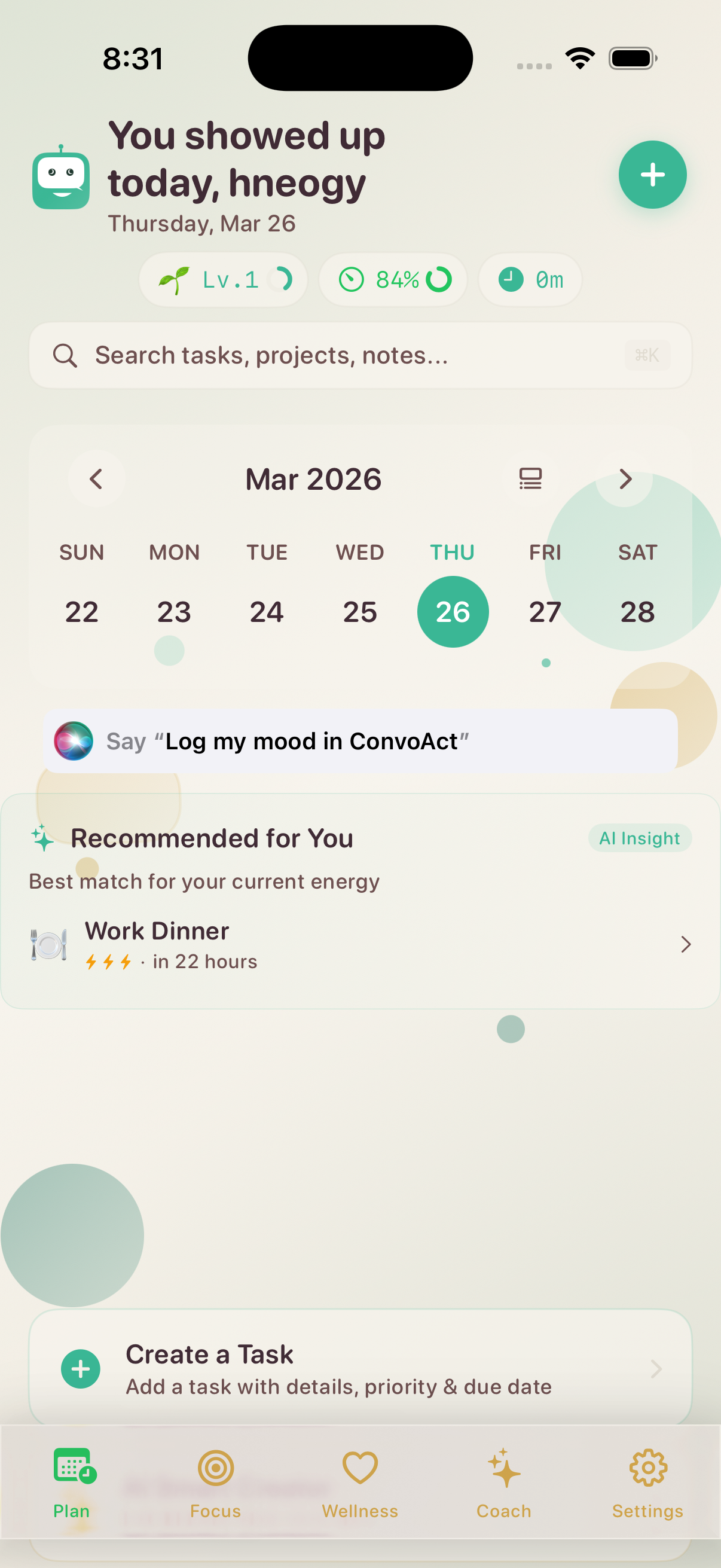 Plan tab — Dashboard with calendar, AI recommendations, and task creation