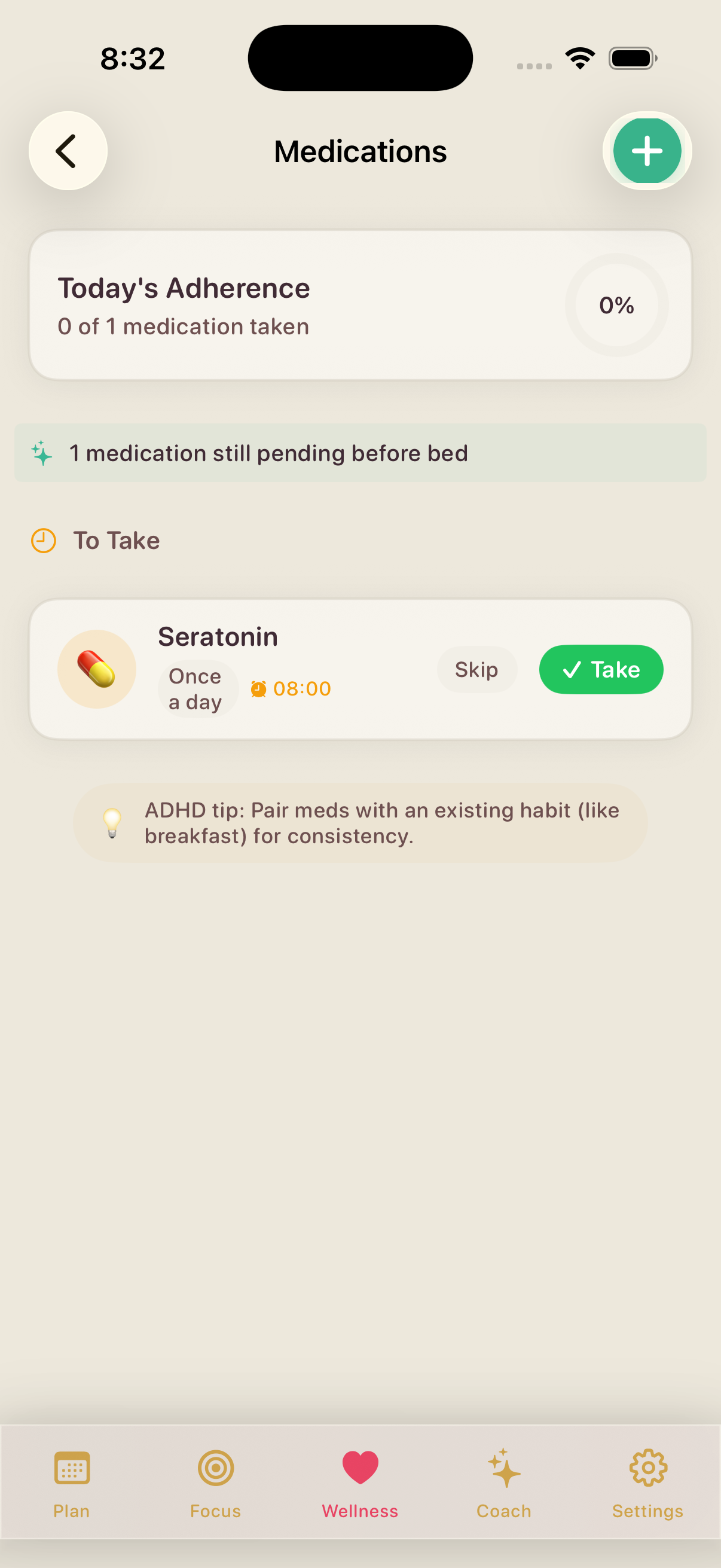 Medication tracking — Today's adherence, medication list with Take/Skip buttons