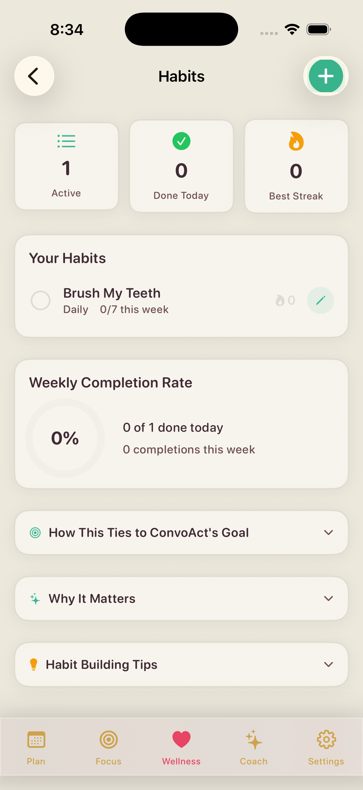 Habits — Active habits list with streaks, weekly completion rate