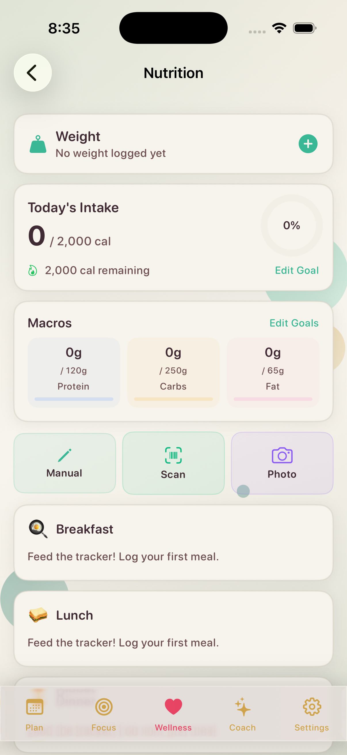 Nutrition — Calorie tracking, macros, meal logging with photo scan