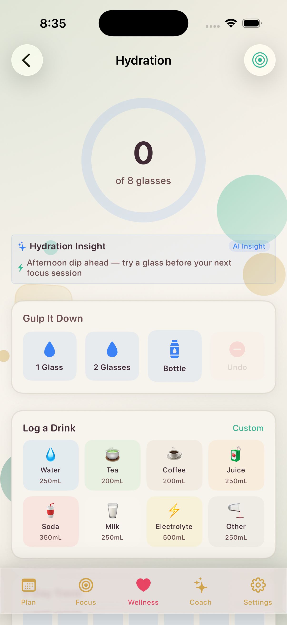 Hydration — Daily water intake goal, drink logging with multiple beverage types