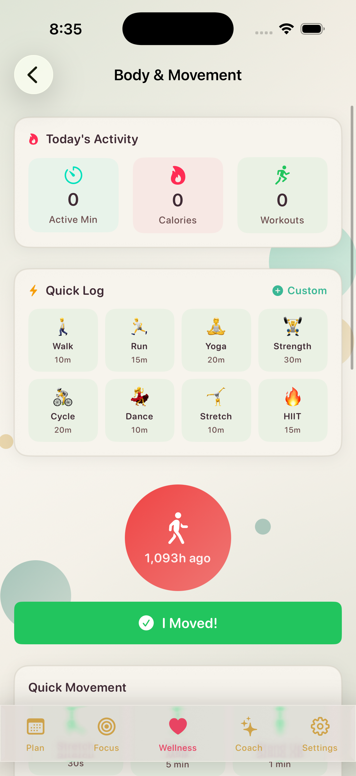 Body & Movement — Activity tracking, quick log exercises, workout history