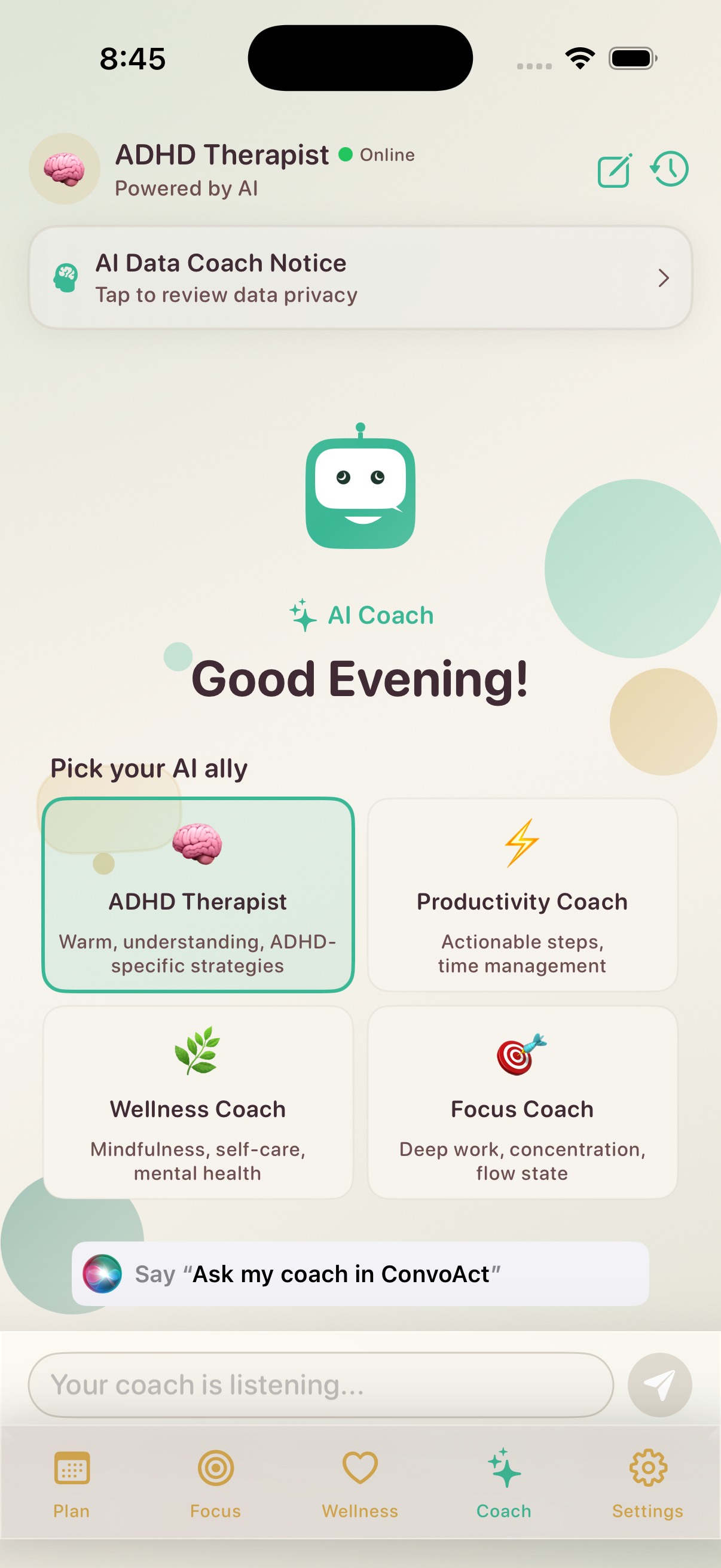 AI Coach tab — 4 ally personalities, conversational chat interface